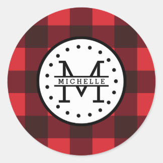 Karierter Lumberjack Name Monogram Runder Aufkleber