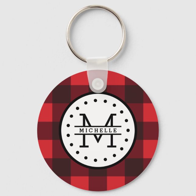 Karierter Lumberjack Name Monogram Schlüsselanhänger (Vorderseite)