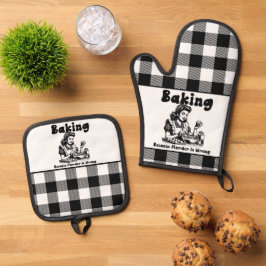 Karierter Pothalter und Mitt Set Retro Backen Spaß
