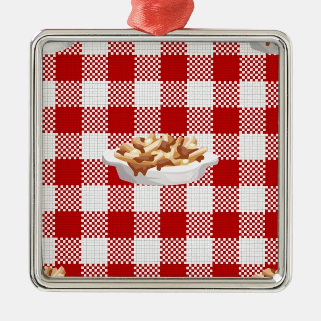 karierter Poutine Silbernes Ornament (Vorne)
