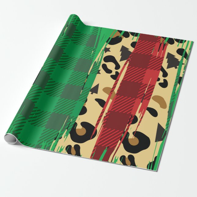 Karierter Red & Green Leopard Print Christmas Wrap Geschenkpapier (Ungerollt)