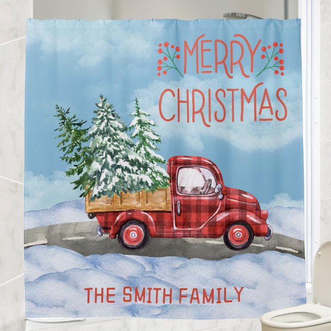Karierter Red Truck Schnee Weihnachten Duschvorhang (Watercolor Plaid Red Truck Snow Family Christmas Shower Curtain)