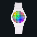 Karierter Regenbogen Armbanduhr<br><div class="desc">Dieses karierte Regenbogen-Muster ist hell und farbenfroh,  mit einem leichten Textureffekt. Es ist ein lebendiges,  lebhaftes,  kariertes Muster,  das hübsch aussieht,  wie es ist oder als Hintergrund für Ihren Text oder Ihr Foto. Die Uhrennummern sind weiß mit einer schwarzen Kontur.</div>
