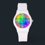 Karierter Regenbogen Armbanduhr<br><div class="desc">Dieses karierte Regenbogen-Muster ist hell und farbenfroh, mit einem leichten Textureffekt. Es ist ein lebendiges, lebhaftes, kariertes Muster, das hübsch aussieht, wie es ist oder als Hintergrund für Ihren Text oder Ihr Foto. Die Uhrennummern sind weiß mit einer schwarzen Kontur.</div>