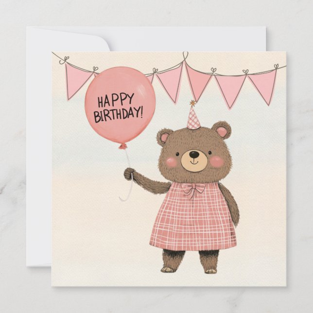 Karierter rosa Kleiderbär mit Bow und Hut Einladung (Vorderseite)