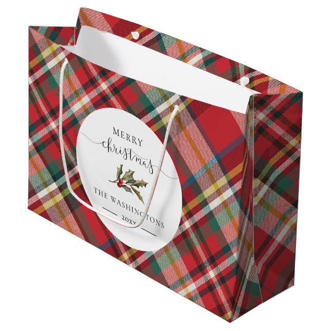 Karierter Roter Karo Rustic Frohe Weihnachtsbauern Große Geschenktüte (Vorderseite Schrägansicht)