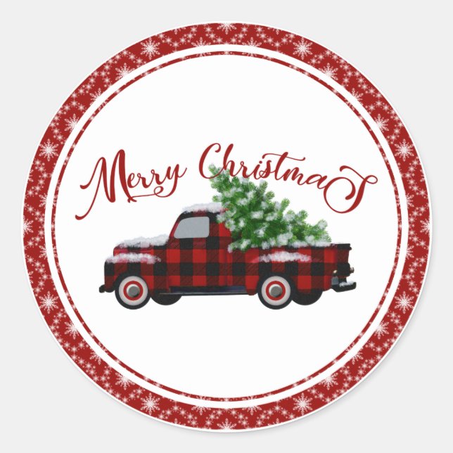Karierter roter und schwarzer Lkw Frohe Weihnachte Runder Aufkleber (Vorderseite)