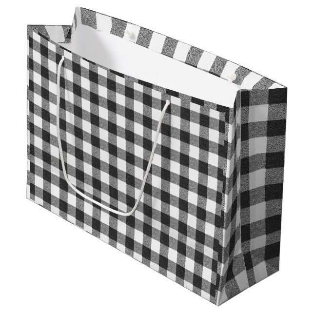 Karierter rustikaler Bauernhof aus Schwarz und Wei Große Geschenktüte (Vorderseite Schrägansicht)