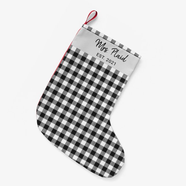 Karierter Schwarz-weißer Buffalo Karo Tartan Mrs. Kleiner Weihnachtsstrumpf (Vorderansicht (hängend))