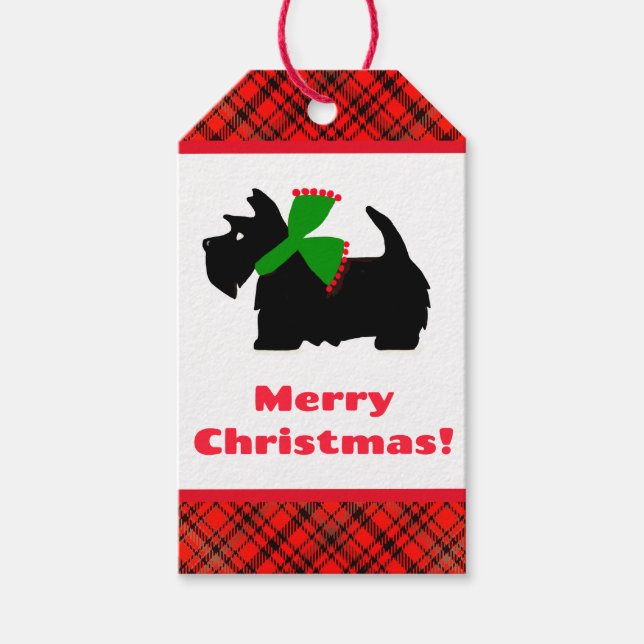 Karierter Scotty Hund frohe Weihnachtsgeschenke Id Geschenkanhänger (Vorderseite)