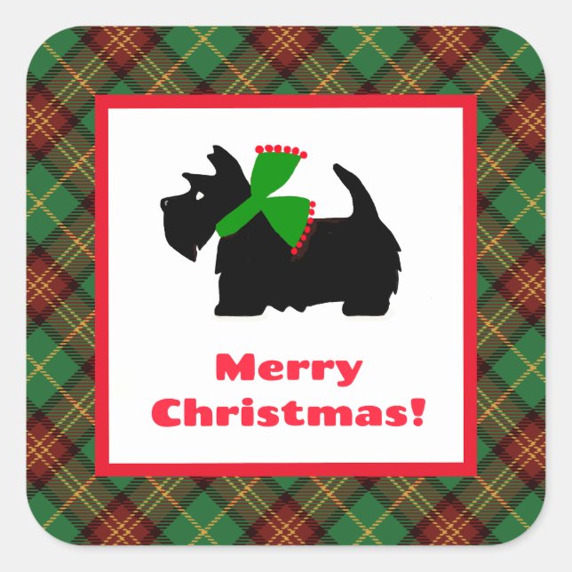 Karierter Scotty Hund frohe Weihnachtsgeschenke Id Quadratischer Aufkleber (Vorderseite)