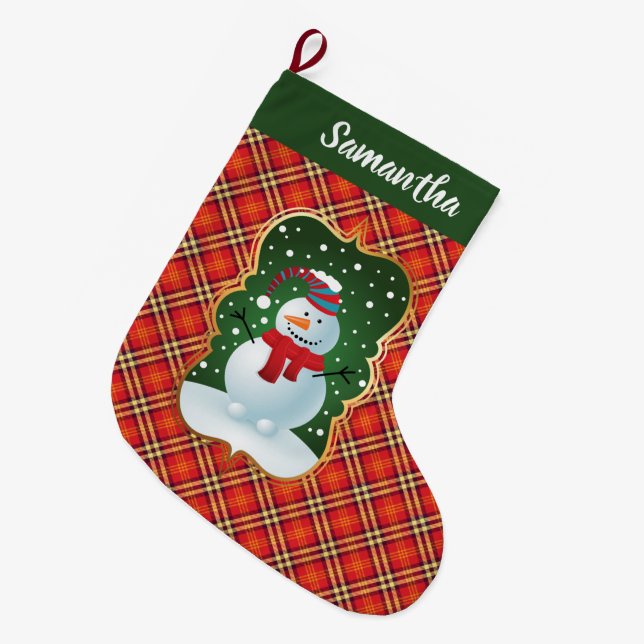 Karierter Snowman-Strumpf Großer Weihnachtsstrumpf (Vorderansicht (hängend))