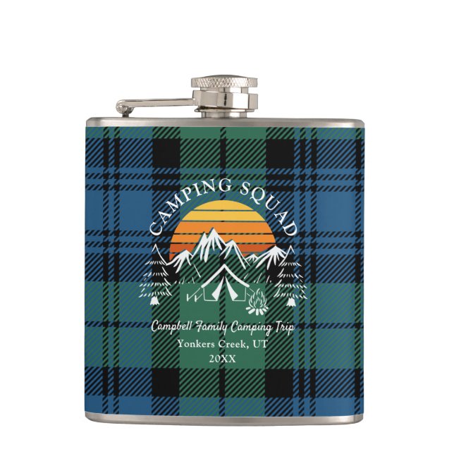 Karierter Tartan Retro Family Camping Squad Vater Flachmann (Vorderseite)