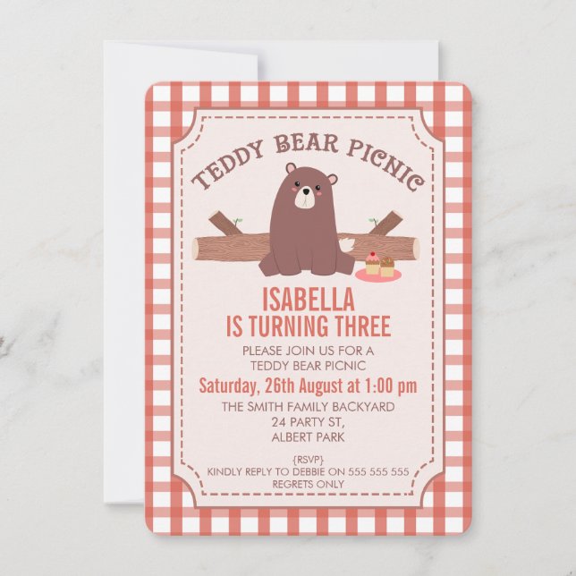 Karierter Teddy Bear Picnic zum Geburtstag Einladu Einladung (Vorderseite)