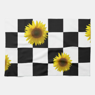 Karierter u. Sonnenblume-Schwarzweiss-Druck Geschirrtuch