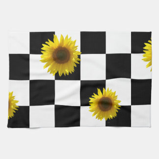 Karierter u. Sonnenblume-Schwarzweiss-Druck Geschirrtuch