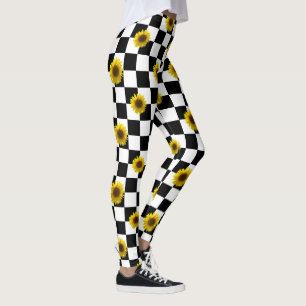 Karierter u. Sonnenblume-Schwarzweiss-Druck Leggings