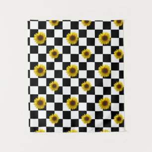 Karierter u. Sonnenblume-Schwarzweiss-Druck Wandteppich