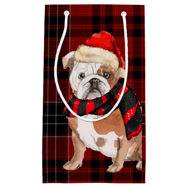 Karierter und englischer Bulldog-Weihnachtshund Kleine Geschenktüte (Vorderseite)