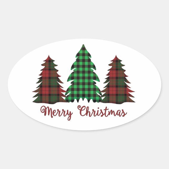 Karierter Weihnachtsbaumsticker Ovaler Aufkleber (Vorderseite)
