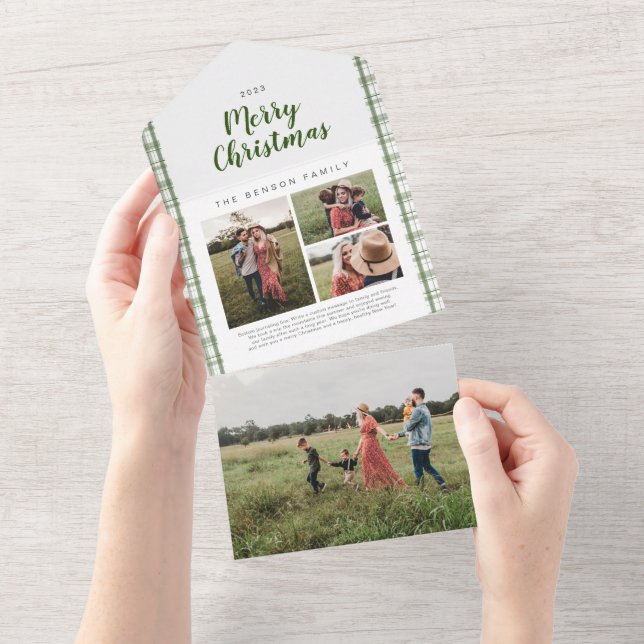 Karierter Weihnachtsgrün 4 Foto Urlaub All In One Einladung (Abreißen)