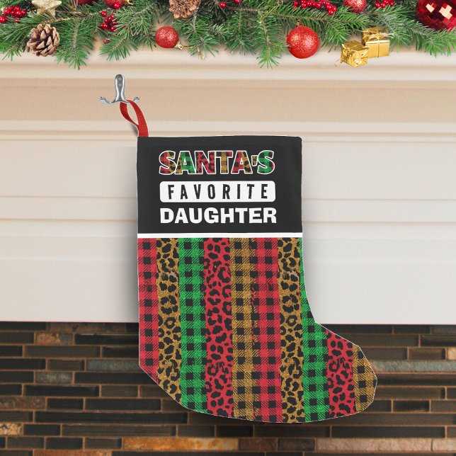 Karierter Weihnachtsmann als Lieblingstochter Weih Kleiner Weihnachtsstrumpf (santa's favorite daughter red green and brown buffalo plaid and leopard print Christmas stocking)