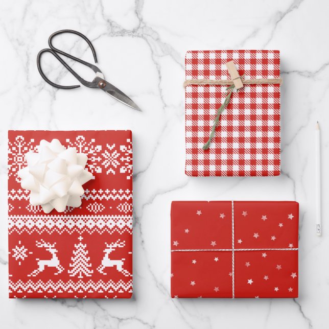 Karierter Weihnachtspuffbüffel mit Sternen Geschenkpapier Set (Vorderseite)
