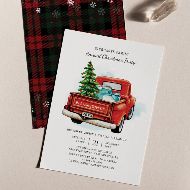 Karierter Weihnachtsurlaub Familie Party Rustikal Einladung (Plaid Snowflakes Pattern Red Truck Christmas Party Invitation)