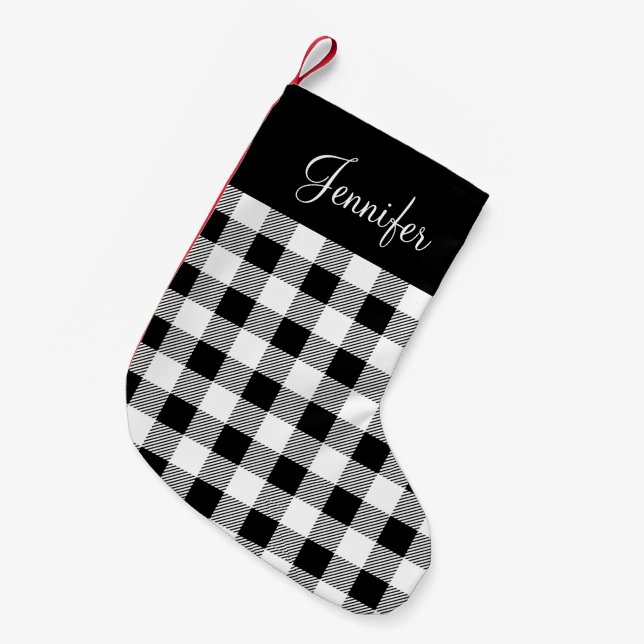 Kariertes Black & White Buffalo Personalisiert Kleiner Weihnachtsstrumpf (Vorderansicht (hängend))