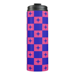 Kariertes Blau-Rosa-Fliesenmuster mit Glitter Thermosbecher