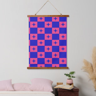 Kariertes Blau-Rosa-Fliesenmuster mit Glitter Wandteppich Mit Holzrahmen