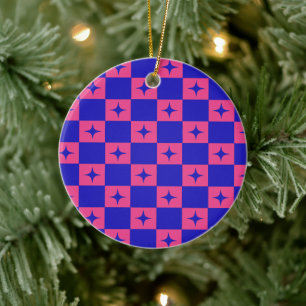 Kariertes Blau und Rosa Fliesenmuster mit Glitter Keramik Ornament