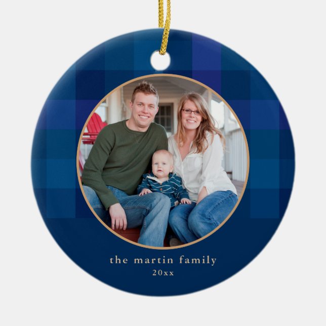 Kariertes blaues Foto Weihnachten Keramik Ornament (Vorne)