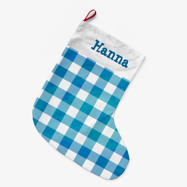 Kariertes Blue-Checkered Buffalo Großer Weihnachtsstrumpf (Vorderansicht (hängend))