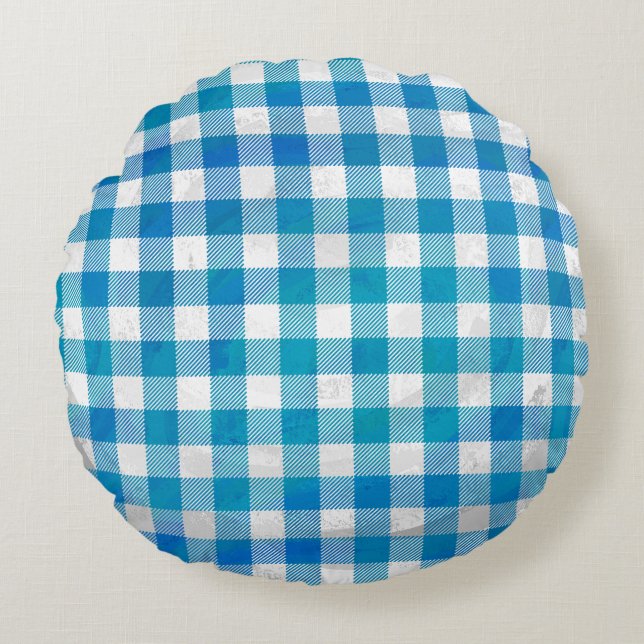 Kariertes Blue-Checkered Buffalo Rundes Kissen (Vorderseite)