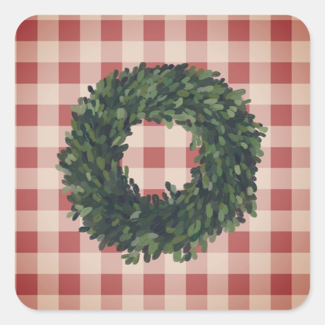 Kariertes Boxwood Wreath Bauernhaus Gingham Stilvo Quadratischer Aufkleber (Vorderseite)