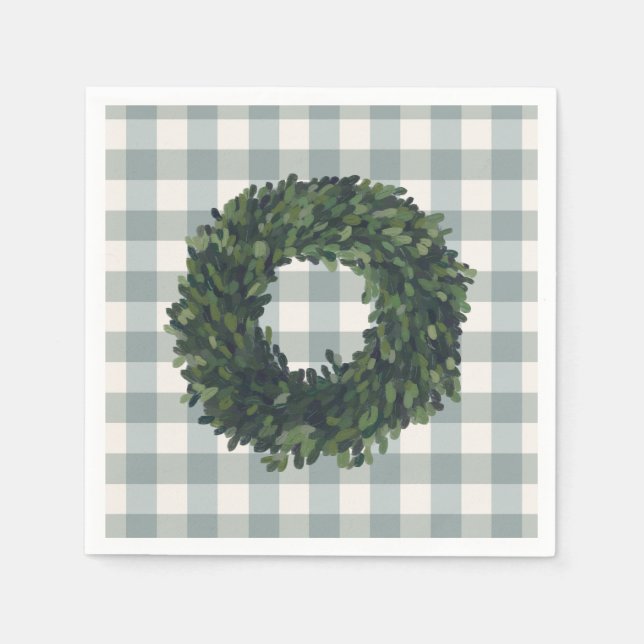 Kariertes Boxwood Wreath Stilvolles Bauernhaus Lan Serviette (Vorderseite)
