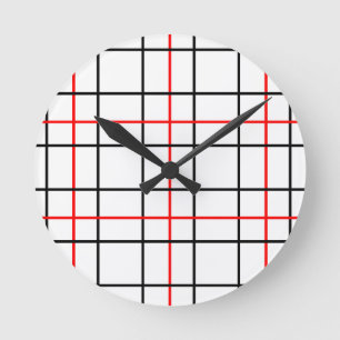 Kariertes Design der roten schwarzen Gitterlinien Runde Wanduhr