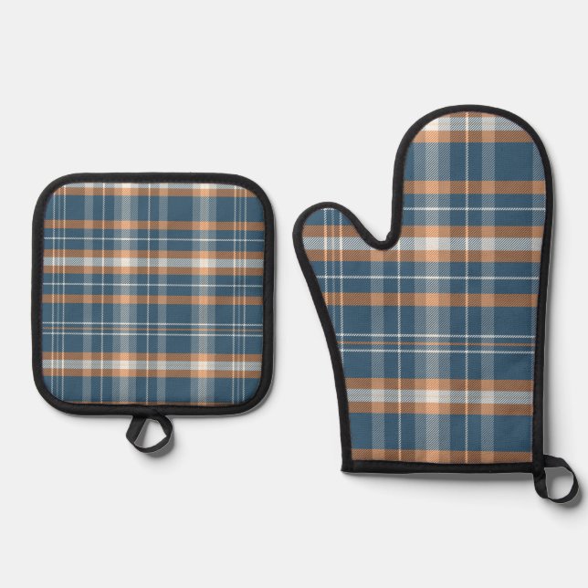 Kariertes Design in Blau, Creme und Orange Ofenhandschuh & Topflappen-Set (Vorderseite)