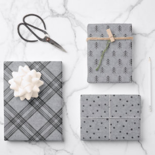 Kariertes Faltpapier mit festem Flanell - Holzkohl Geschenkpapier Set