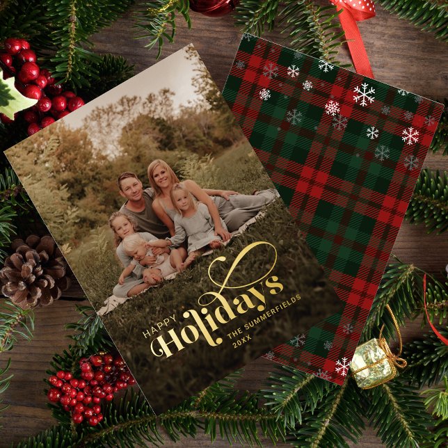 Kariertes Foto Calligrafie Weihnachtsgold Folien Feiertagskarte (Christmas Holidays Rustic Plaid Gold Foil Family Photo Greetings Card)