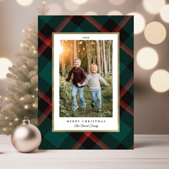 Kariertes Foto in geflochtenem Rot und Grün Weihna Karte (Folded Red and Green Plaid Christmas Photo Card)