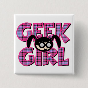 Kariertes Geek-Mädchen mit Grafik Button