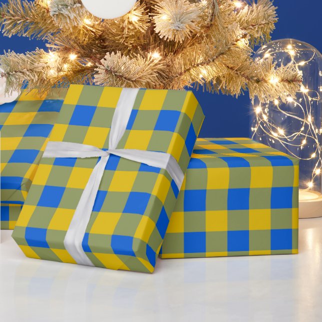 Kariertes Geschenkpapier mit blauen und gelben Büf (Feiertage)