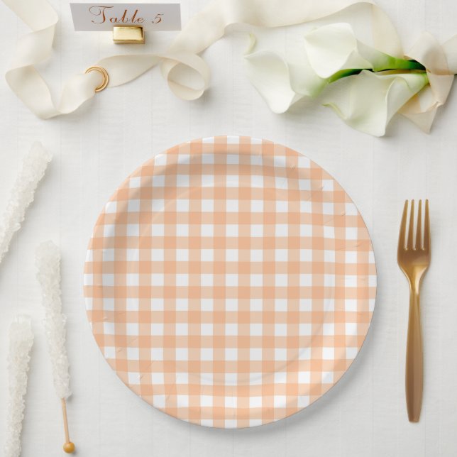 Kariertes Gingham-Karo-Muster Pfirsich Pappteller (Hochzeit)
