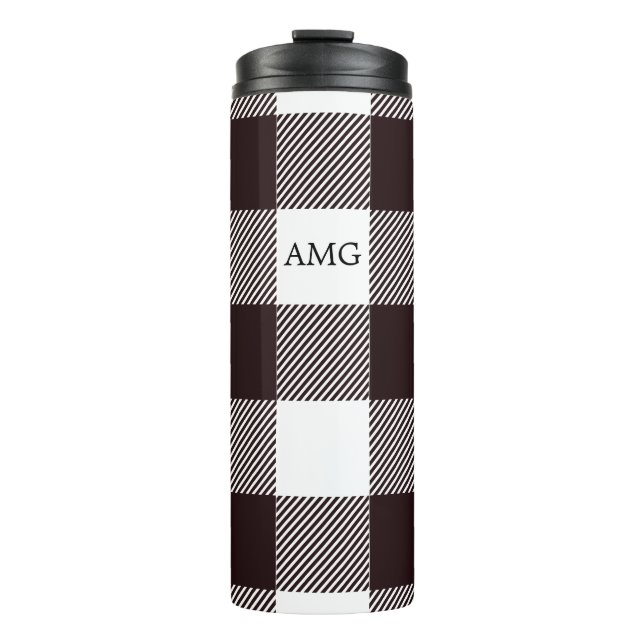 Kariertes Gingham-Muster für Schwarz-Weiß-Monogram Thermosbecher (Vorderseite)