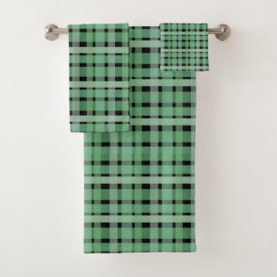 Kariertes Gitter-Tartan Grün Streifen auf Schwarz Badhandtuch Set