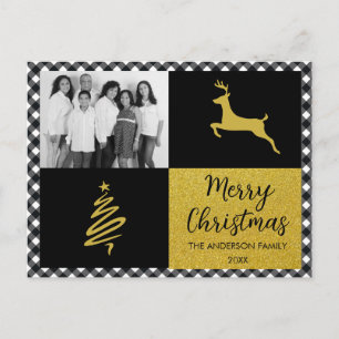 Kariertes Gold Holiday Foto in Black and White Buf Feiertagspostkarte