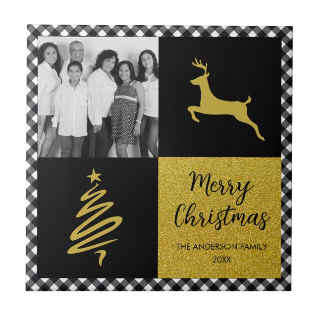 Kariertes Gold Holiday Foto in Black and White Buf Fliese (Vorderseite)