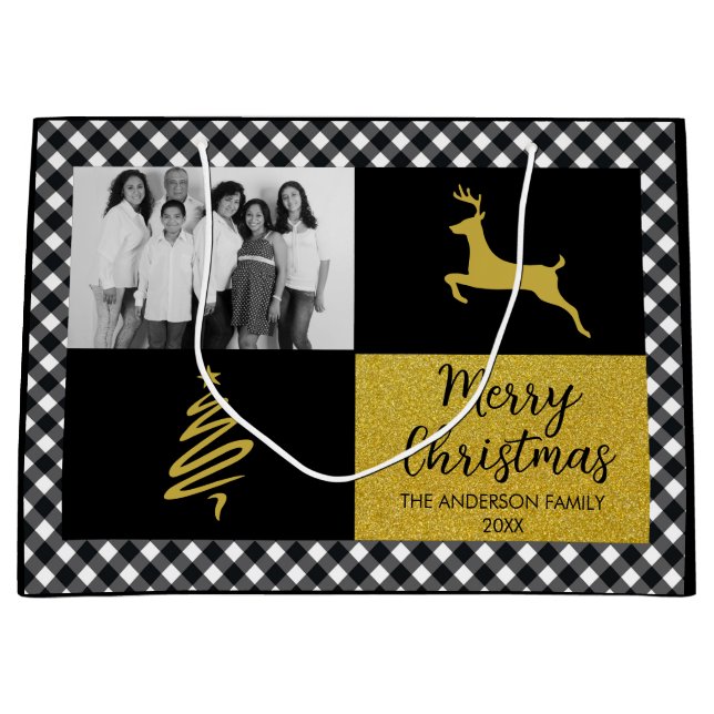 Kariertes Gold Holiday Foto in Black and White Buf Große Geschenktüte (Vorderseite)